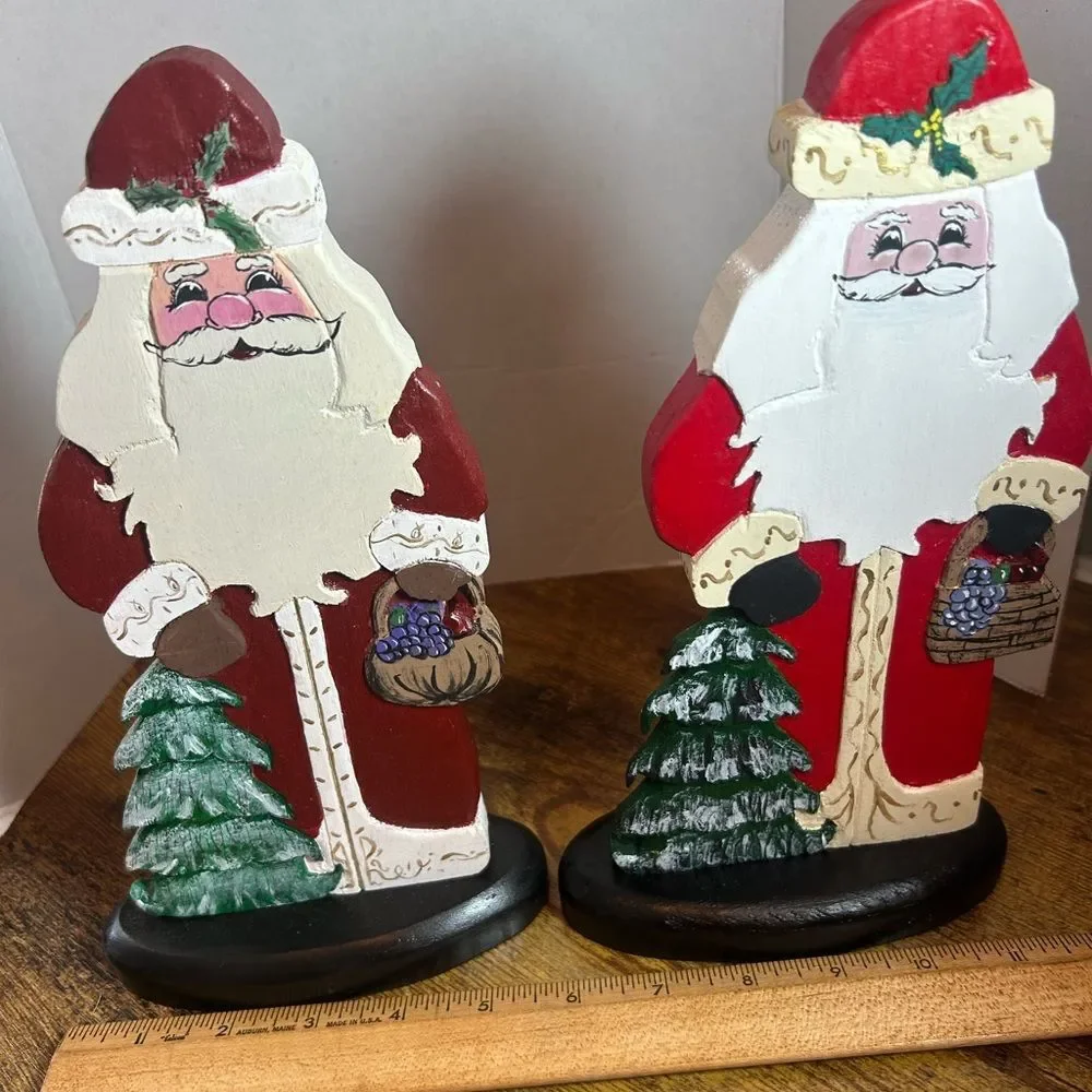 Vtg Handpainted Wooden Santas w Xmas Trees 10.25in Tall 5.5in Base Holiday Decor